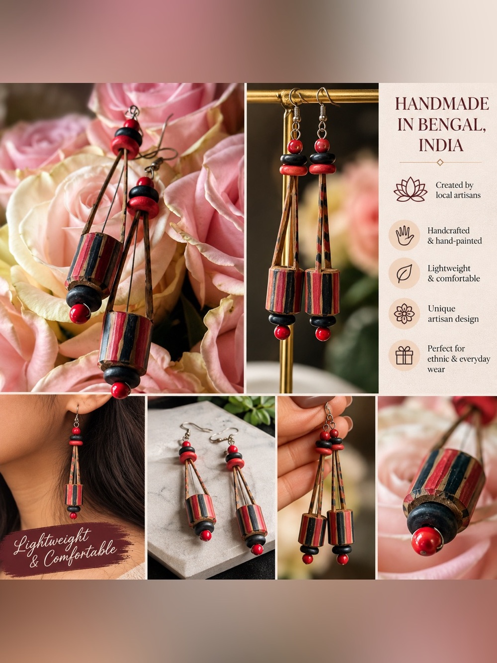 Handmade Bengali Ektara-Inspired Lightweight Earrings